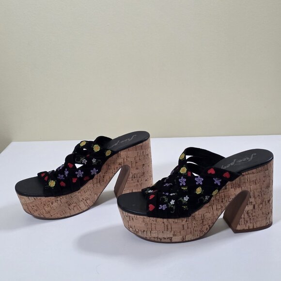 Free People Lisbon Clogs Womens 40 Chunky Cork Platform Suede Floral Embroidery - Picture 6 of 16